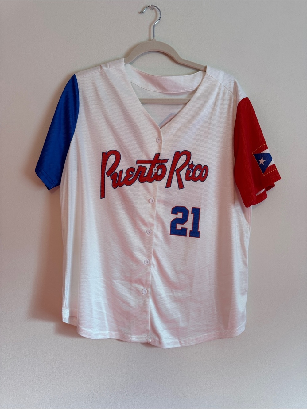 Puerto Rico Baseball Jersey - White with Red & Blue Sleeves